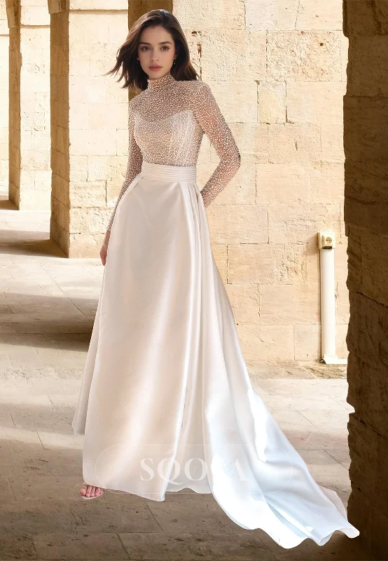 Great Bargains High Scoop-Neck Long-Sleeves A-Line Wedding Dress Beaded Pleated Satin Sweep Train Bride Gowns