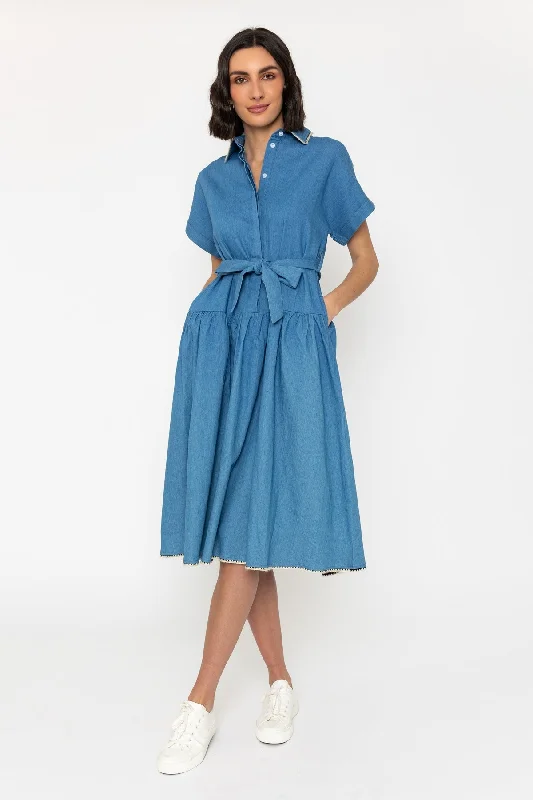 Season Finale Sale Short Sleeve Chambray Shirt Midi Dress