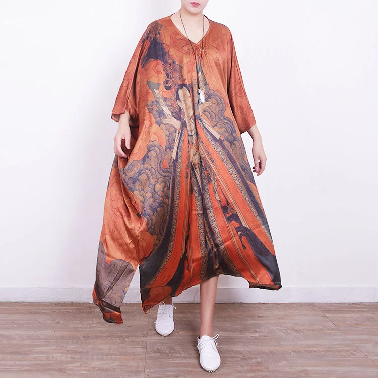 Extra Discounts fine orange Midi-length silk dress plus size casual dress 2018v neck prints silk dresses Extra Discounts fine orange Midi-length silk dress plus size casual dress 2018v neck prints silk dresses