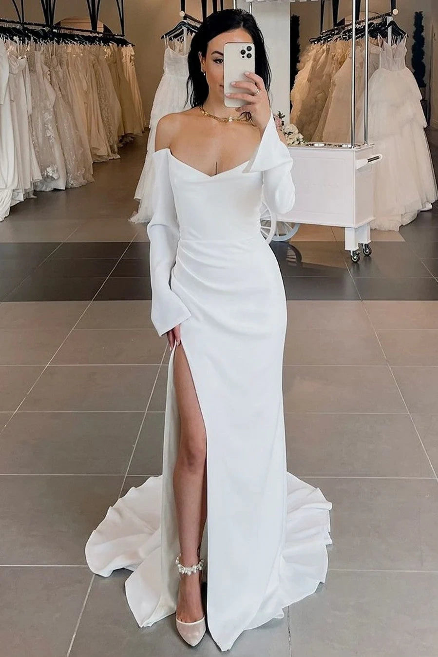 Lowest Price Long Sleeves Mermaid Empire Wedding Dress With Slit