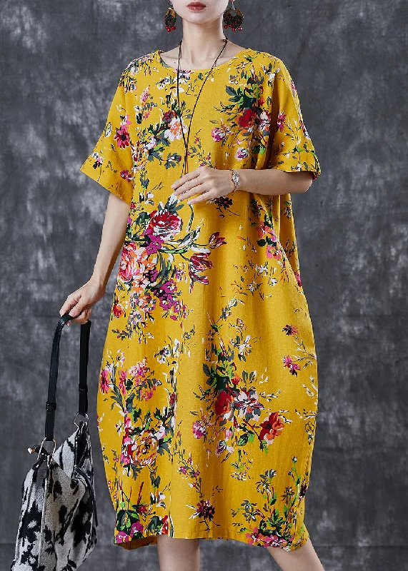 Deal Explosion DIY Yellow Oversized Print Cotton Maxi Dresses Summer