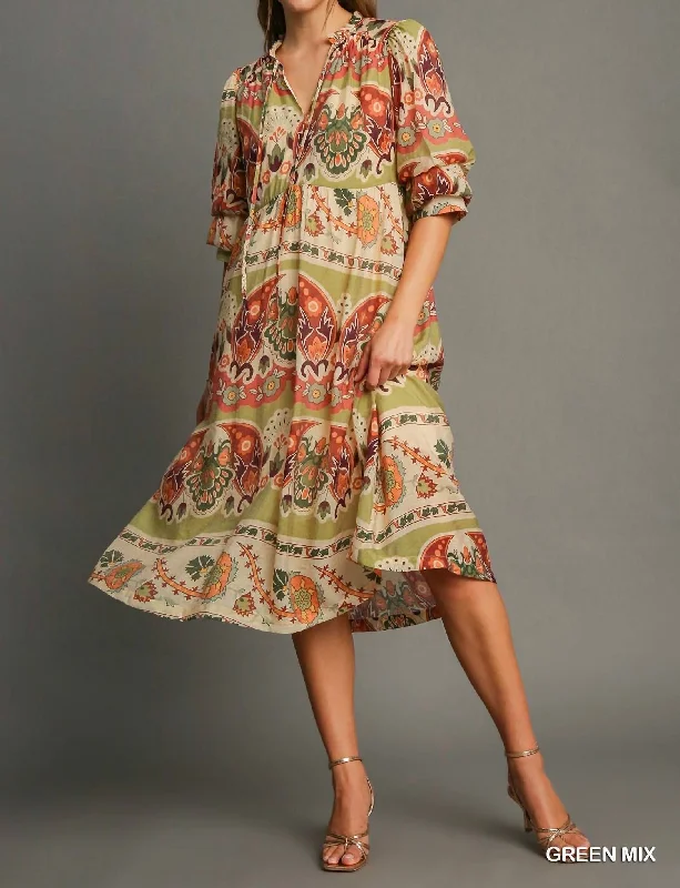 Grand Opening Sale Fall Floral Dress In Green Mix