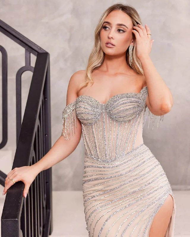 Today Only Esther Off Shoulder Beaded Gown - Platinum