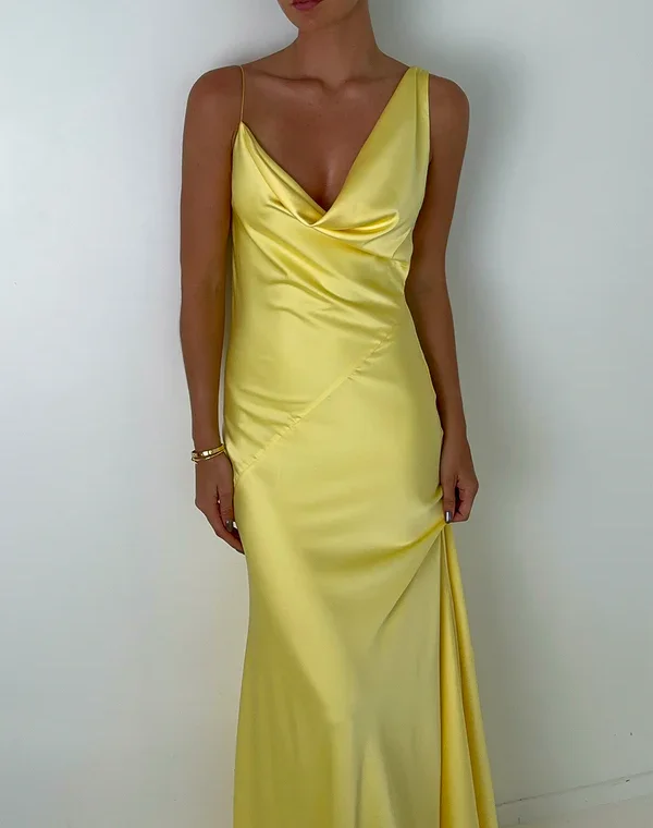 Warehouse Sale Yellow Straps Sheath Satin Simple Long Party Dress Wedding Guest Dress, DP4534 Warehouse Sale Yellow Straps Sheath Satin Simple Long Party Dress Wedding Guest Dress, DP4534