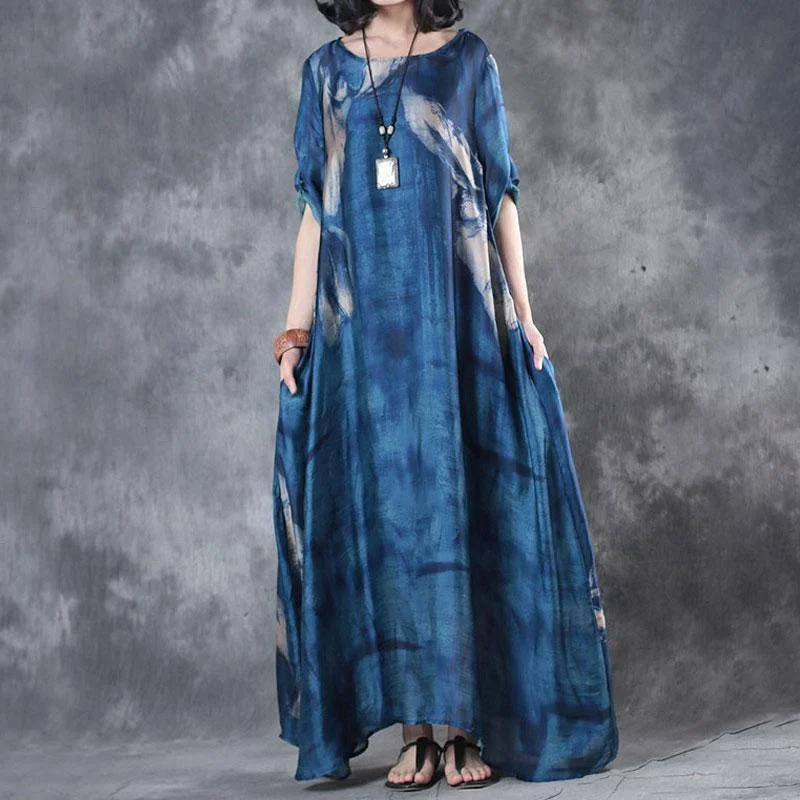 Exclusive Deal Fine maxi dresses fashion Retro Three Quarter Sleeve Printed Blue Long Dress Exclusive Deal Fine maxi dresses fashion Retro Three Quarter Sleeve Printed Blue Long Dress
