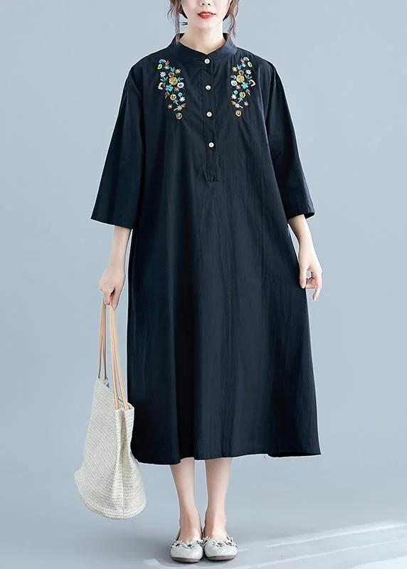 Discount Extravaganza Chic stand collar pockets cotton Wardrobes linen black embroidery long Dress summer