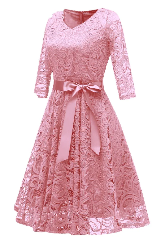 Crazy Savings Long Sleeves Bow Short Pink Party Dress with Lace