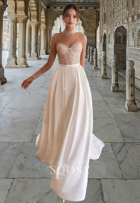Incredible Offers A-Line High Scoop-Neck Long-Sleeves Wedding Dress Beaded Pleated Satin Bride Gowns with Train