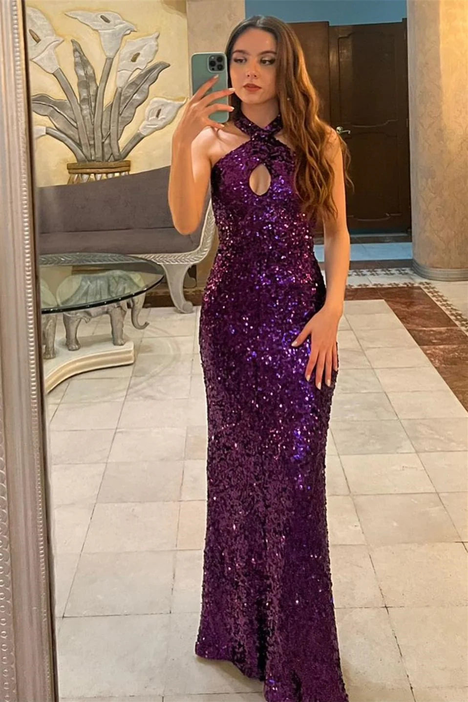 Shop and Save Sparkly Halter Sequins Long Party Prom Dress