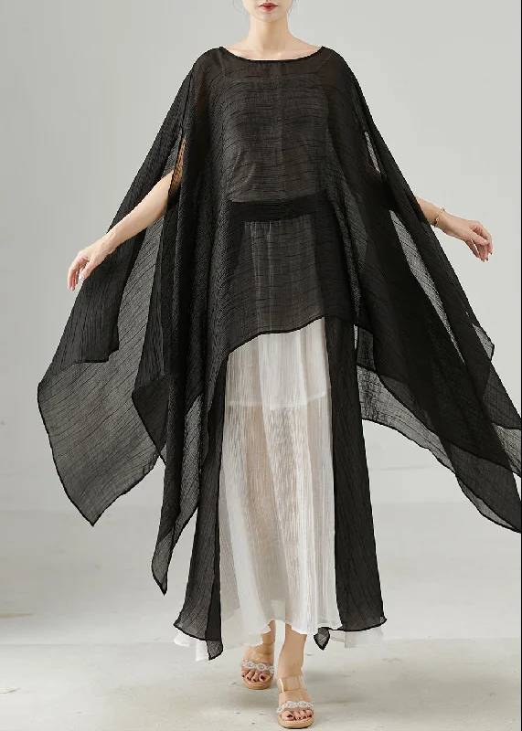 Final Markdown Diy Black Asymmetrical Design Chiffon Long Smock Summer