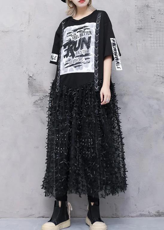 Act Fast Classy black prints cotton dresses patchwork tulle Art summer Dress