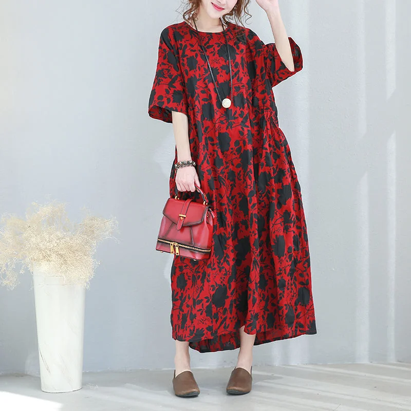 Bargain Blast fashion red prints long cotton dresses Loose fitting back tie waist caftans New o neck kaftans Bargain Blast fashion red prints long cotton dresses Loose fitting back tie waist caftans New o neck kaftans