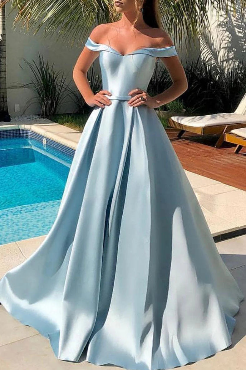 Midnight Madness Sky Blue A-Line Off-Shoulder Long Party Prom Dress