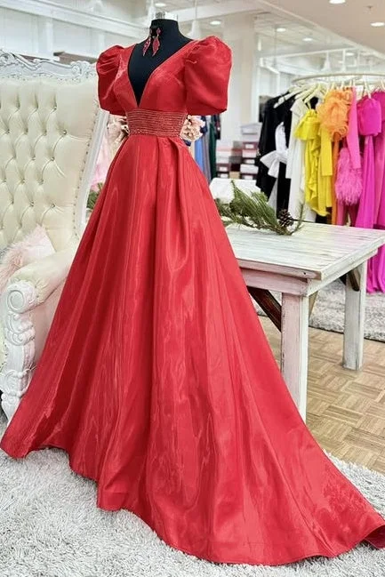 Limited Time Discount V-Neck Puff Sleeves Beaded Empire Party Prom Dress