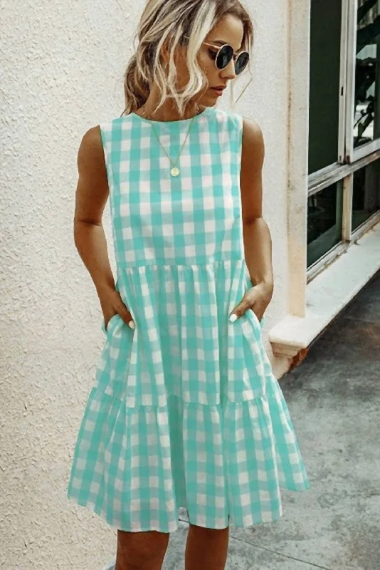 Limited Availability Plaid Printed A-Line Midi Dress In Mint
