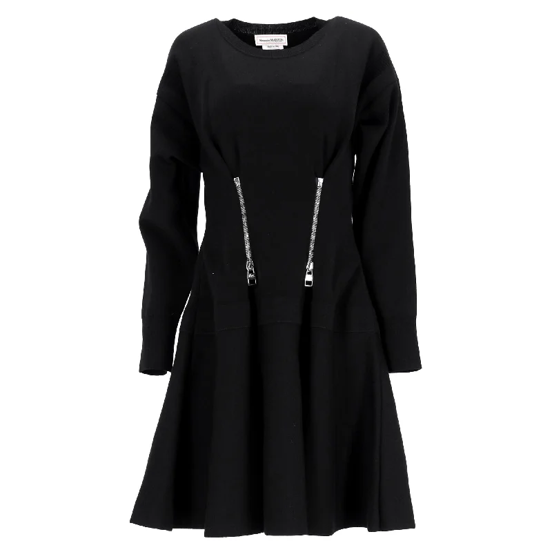 Best Bargains Alexander Mcqueen Zip Detail Mini Flared Dress in Black Wool