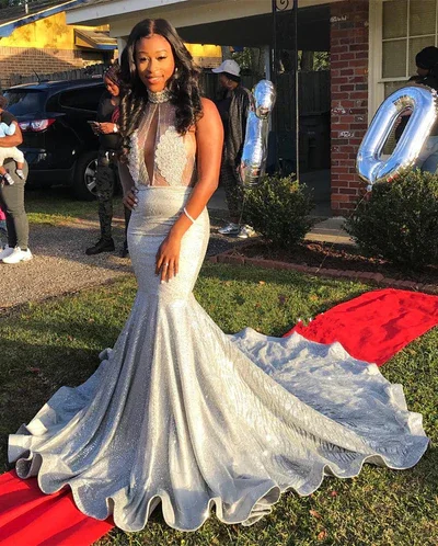 Must-Have Deals Silver Deep V Neck Halter Backless Mermaid Black Girl Prom Dress, DP2219 Must-Have Deals Silver Deep V Neck Halter Backless Mermaid Black Girl Prom Dress, DP2219