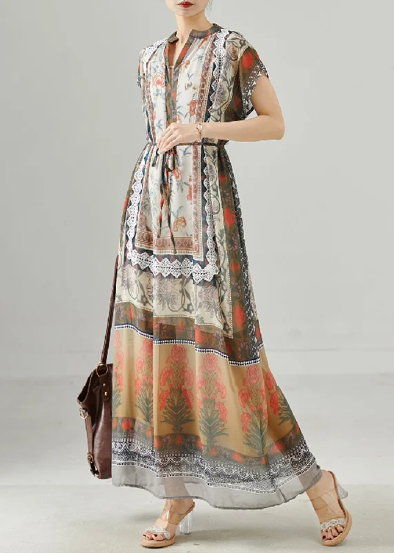Major Savings Bohemian Khaki Oversized Print Chiffon Beach Dresses Summer