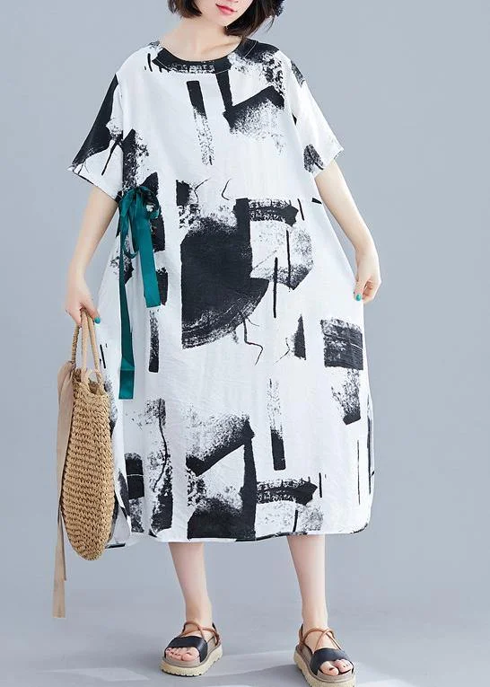 Deal Mania Chic o neck tie waist cotton dresses white print Plus Size Dress summer