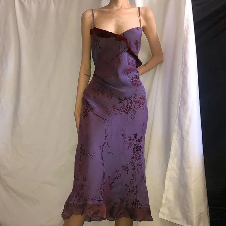 Massive Deals Vintage Print Ruffles Evening Dress Purple Straps Prom Dress Y7876