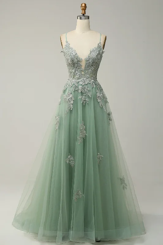 Price Meltdown Plunging V Neck Appliques Lace-Up A-line Long Prom Dress