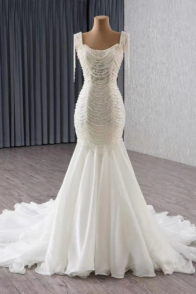 Fantastic Offers Chic Mermaid Bateau Pearl Wedding Dress With Train