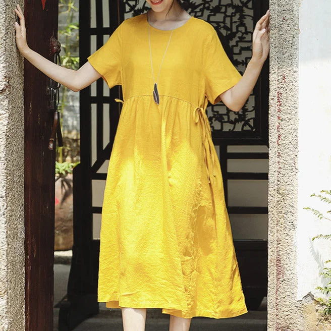Warehouse Sale fine yellow natural linen dress trendy plus size O neck traveling clothing Elegant short sleeve tie waist maxi dresses