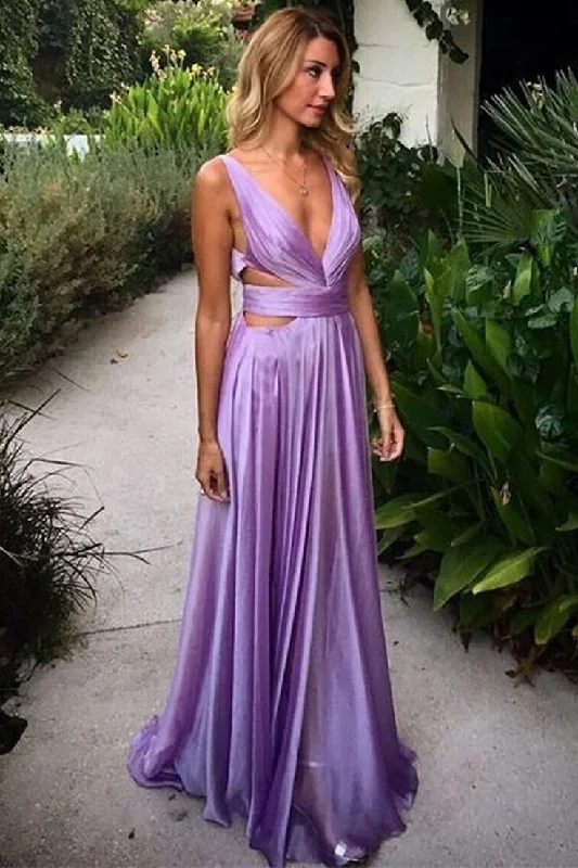 Weekend Deal Purple Deep V Neck A-Line Elegant Long Party Dress with Slit, DP2038