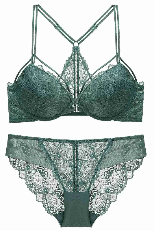 Grand Opening Sale Front Button Dark Green Lace Lingerie Set
