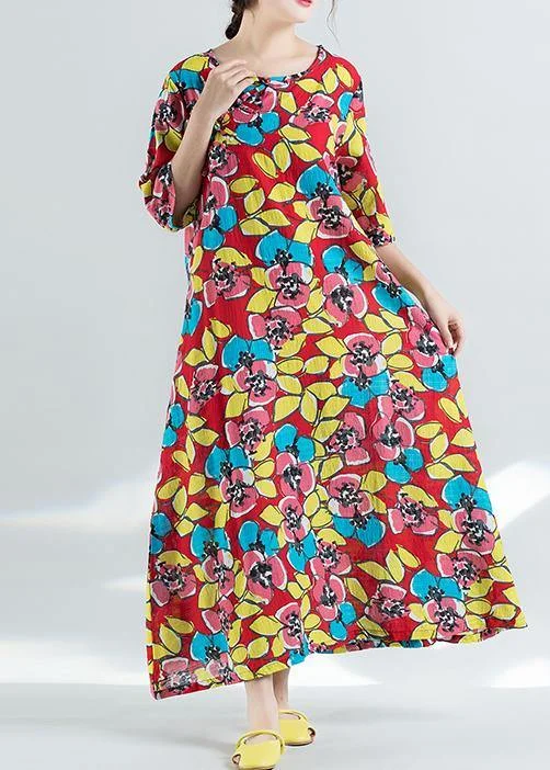 Today’s Special DIY half sleeve cotton Robes linen red floral long Dress sundress