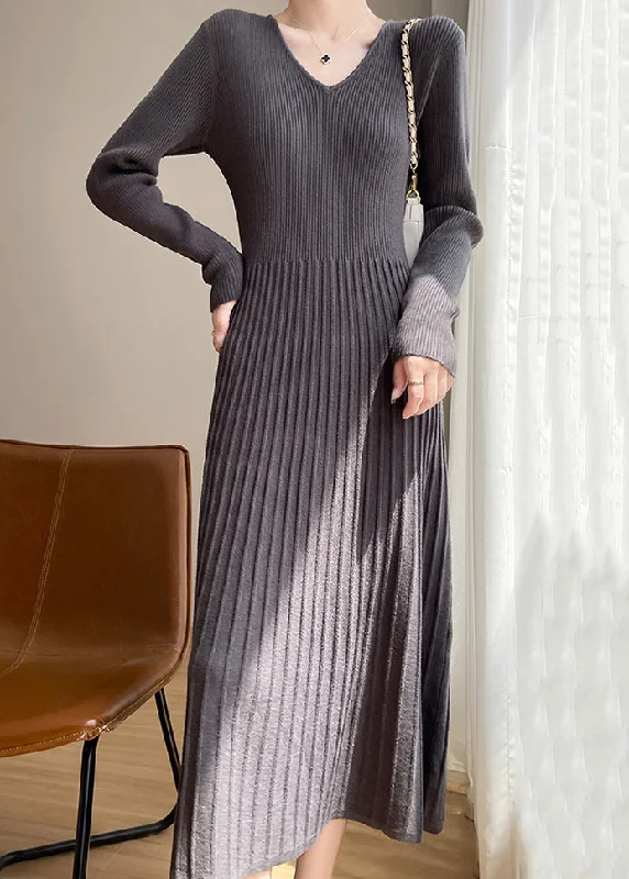 Stock Up and Save New Dark Gray V Neck Wrinkled Knit Sweater Dress Spring