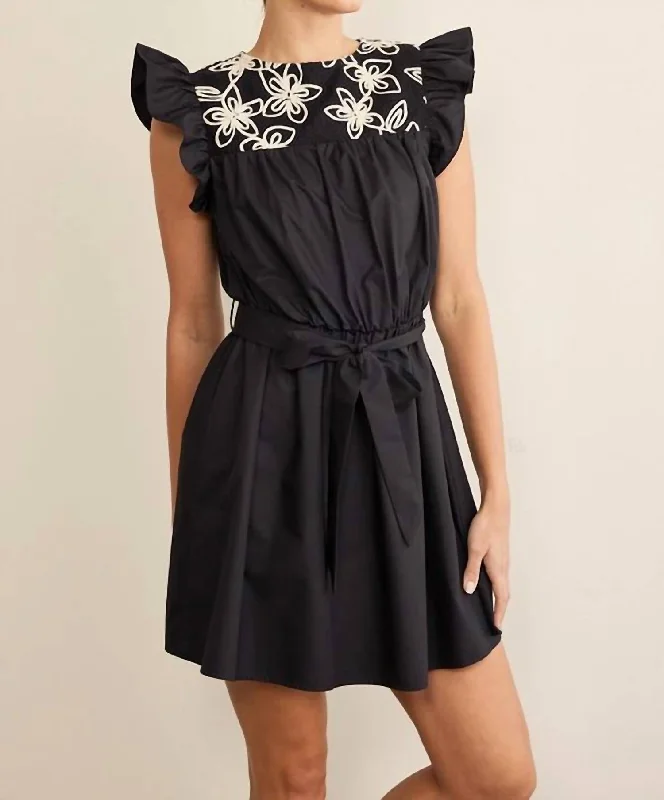 Members Only Floral Emboidery Contrast Belted Dress In Black