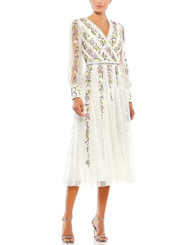 Price Slash Mac Duggal Embellished Wrap Over Illusion Midi Dress