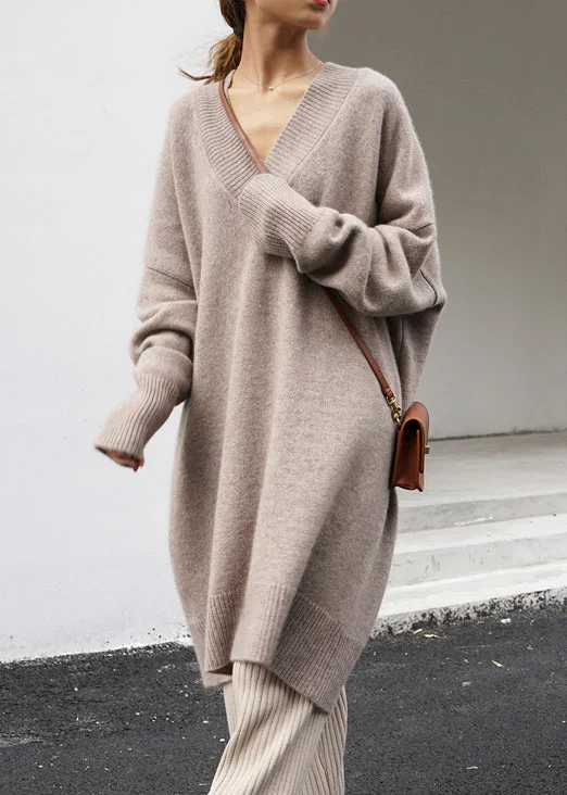 Act Now Plus Size Khaki V Neck Oversized Knit Sweater Dress Spring