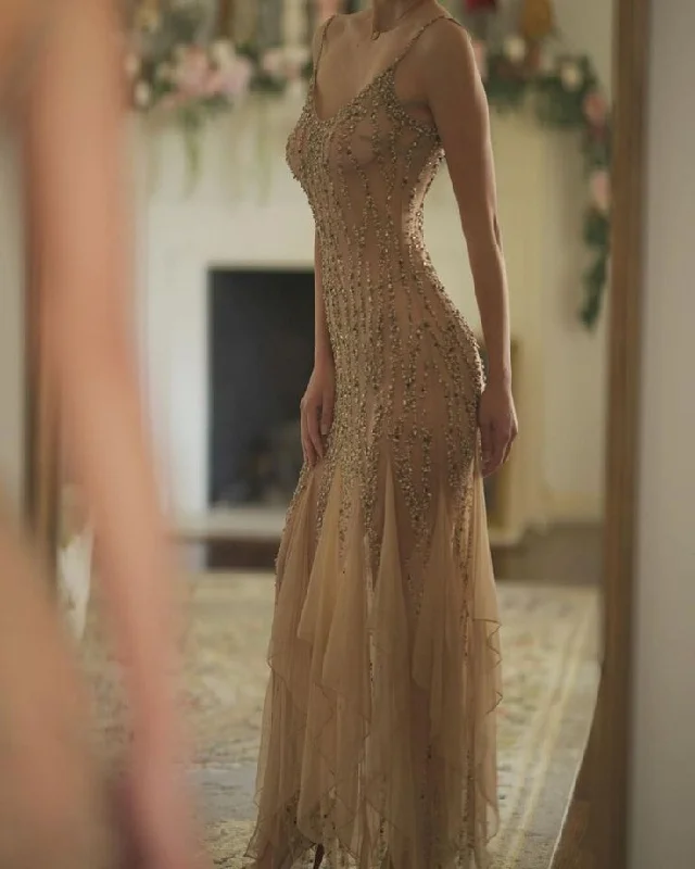 Epic Deals Champagne Straps Beading Ruffles Sheath Sexy Long Party Dress Evening Gown, DP4482 Epic Deals Champagne Straps Beading Ruffles Sheath Sexy Long Party Dress Evening Gown, DP4482