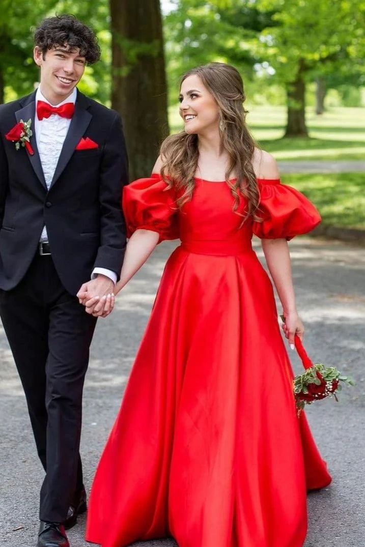 Closeout Red Satin A-Line Off-Shoulder Puff Sleeves Party Prom Dress