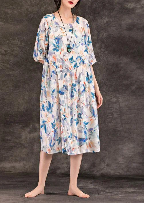 Sale Event Beautiful o neck Cinched linen clothes For Women Neckline white print Dress summer Sale Event Beautiful o neck Cinched linen clothes For Women Neckline white print Dress summer