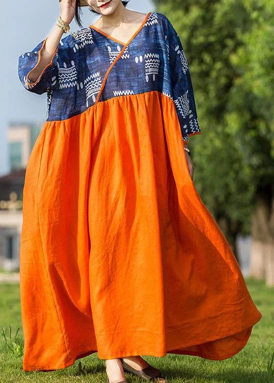 Unmissable Offer DIY blue print patchwork orange linen Robes v neck cotton summer Dresses Unmissable Offer DIY blue print patchwork orange linen Robes v neck cotton summer Dresses