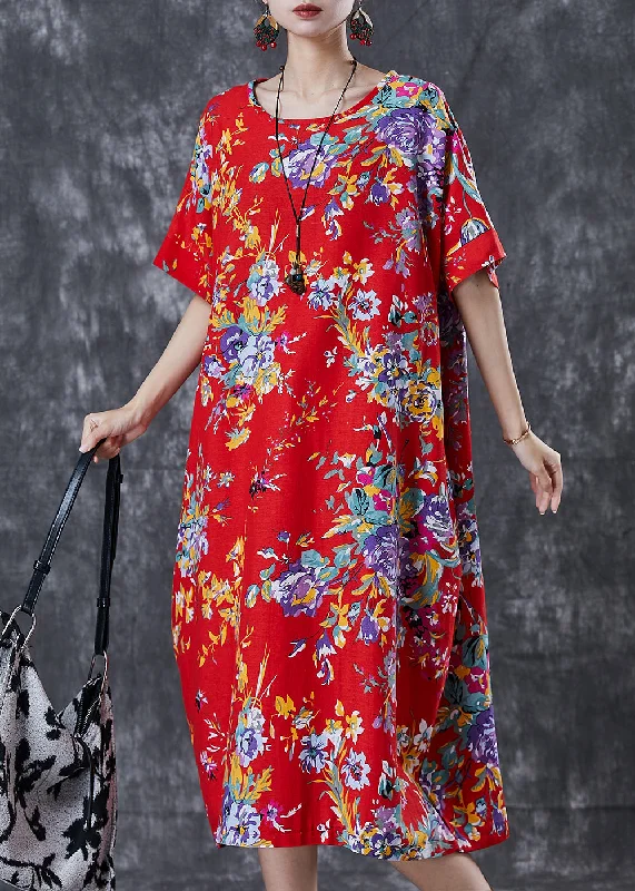 Discount Extravaganza Vintage Red Print Cotton Maxi Dress Oversized Summer