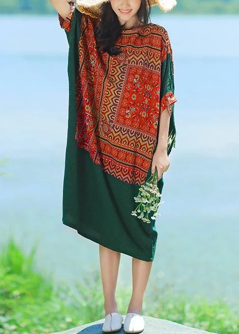 Exclusive Preview Classy o neck asymmetric cotton quilting dresses Tunic Tops red patchwork blackish green Art Dresses summer