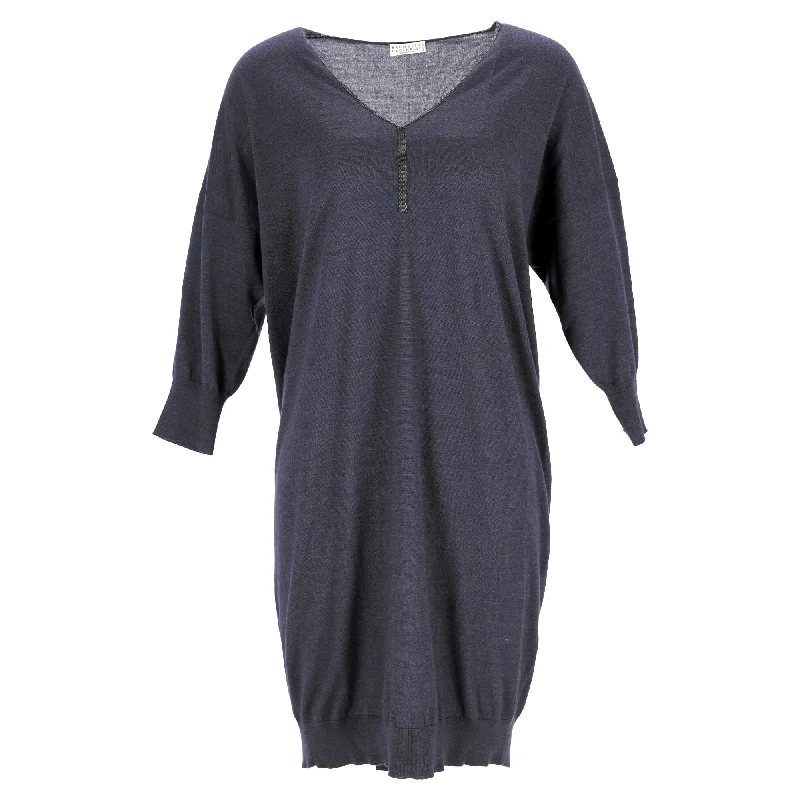 Limited Availability Brunello Cucinelli Bead-Embellished V-Neck Knee-Length Dress in Navy Blue Cashmere