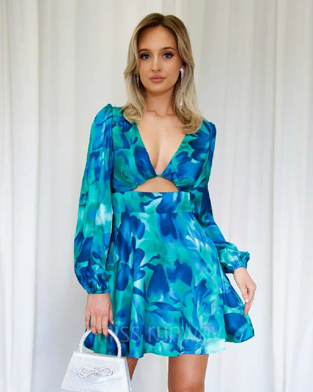 While Supplies Last Kora Satin Mini Dress - Green/Blue Print