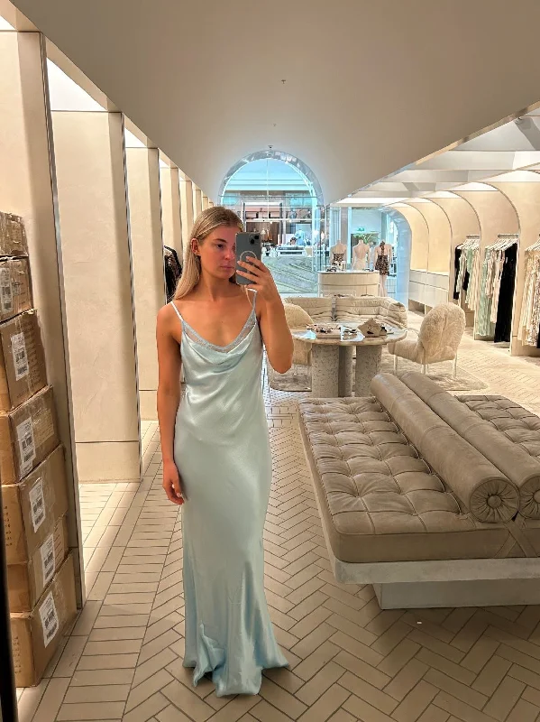Price Break Light Blue Lace Satin Straps Simple Long Party Dress, DP2181