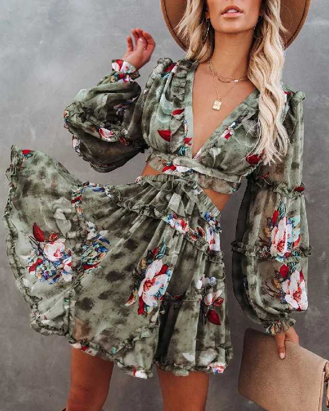 Deal Dash Zida Floral Ruffle Tiered Cutout Dress - Olive