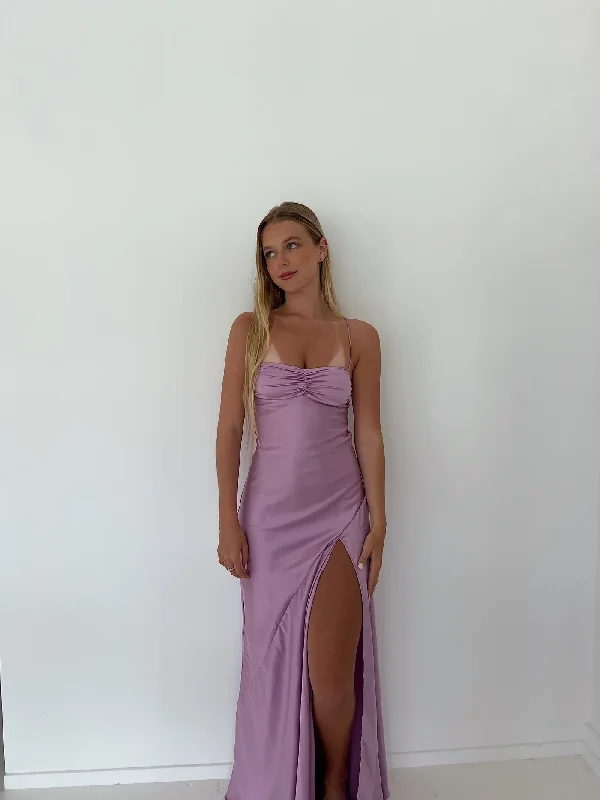 Deal Frenzy Lilac Spaghetti Straps Satin Simple Party Dress with Slit, DP2187