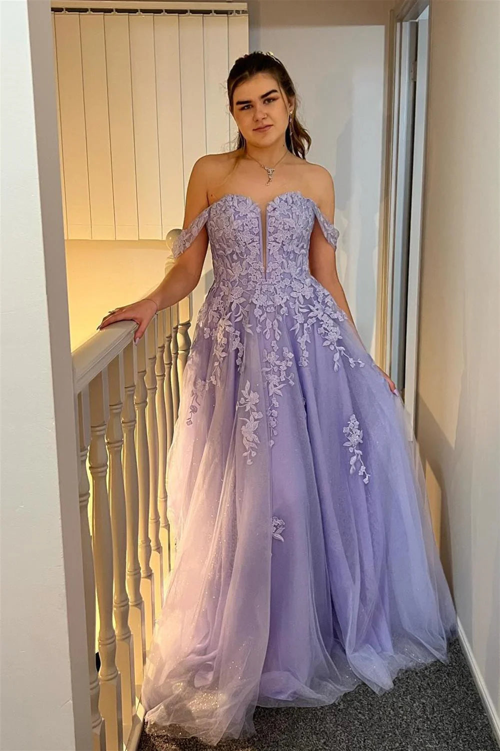 Amazing Deals Lilac Off-Shoulder A-Line Appliques Party Prom Dress