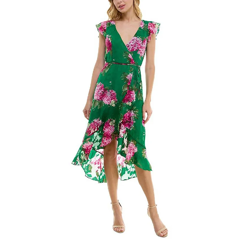 Seasonal Clearance Juniors Womens Floral Faux Wrap Midi Dress