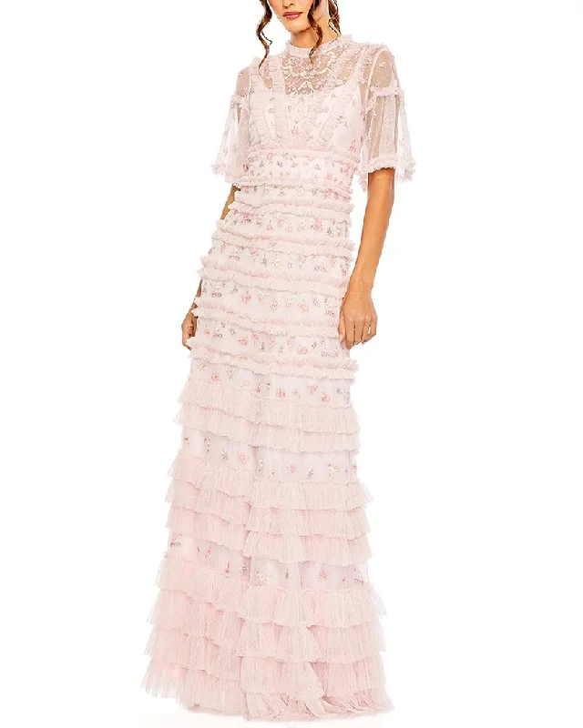 Midnight Madness Mac Duggal High-Neck Ruffle Tiered Floral Gown