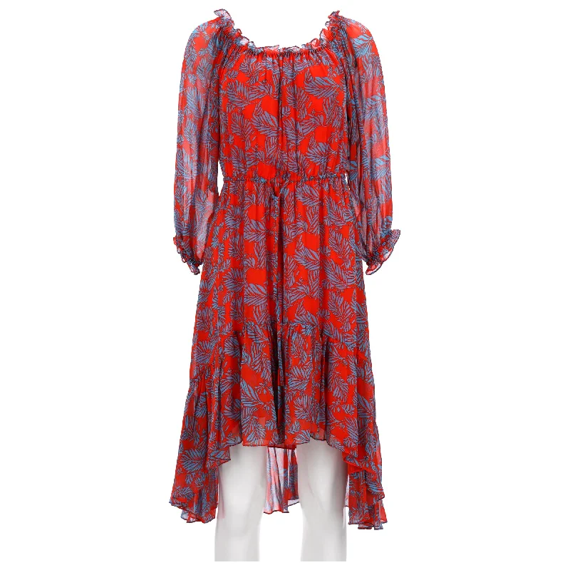 New Arrival Diane Von Furstenberg Printed Midi Ruffled Dress in Red Silk