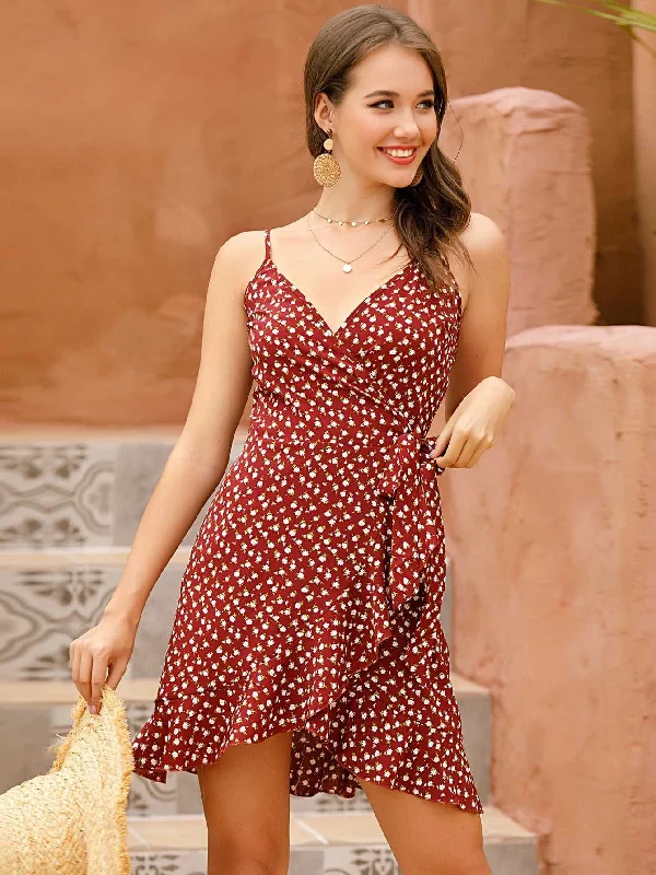 Limited Quantity KittenAlarm - Ditsy Floral Print ruffled hem Knot Side Wrap A-line Cami Dress Polka Limited Quantity KittenAlarm - Ditsy Floral Print ruffled hem Knot Side Wrap A-line Cami Dress Polka